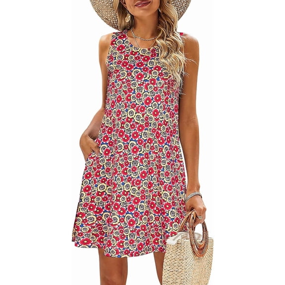 Summer Dresses for Women Beach Floral Tshirt Sundress Casual Pockets Boho Tank Dress