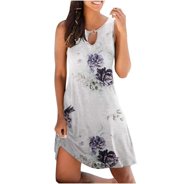 Summer Dresses for Women Beach Floral Tshirt Sundress Sleeveless ...