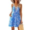 thumbnail image 1 of Summer Dresses for Women Beach Lace V-Neck Sundresses Casual Tropical Print Sleeveless Short Dress Blue XXL, 1 of 7