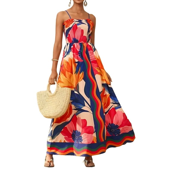 Summer Dresses for Women Beach Maxi Dress Spaghetti Strap Floral Boho A Line Wedding Guest Flowy Long Dress Red M