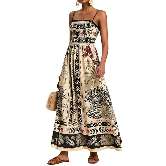 Summer Dresses for Women Beach Maxi Dress Spaghetti Strap Floral Boho A Line Wedding Guest Flowy Long Dress White XXL