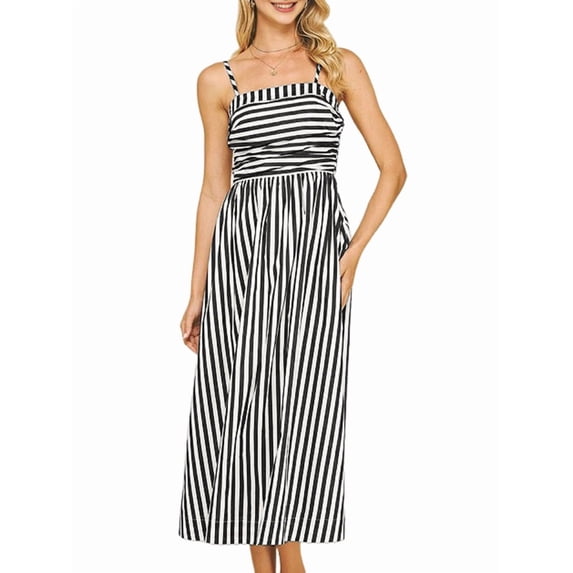 Summer Dresses for Women Beach Maxi Dress Spaghetti Strap Striped Boho A Line Wedding Guest Flowy Long Dress Black S