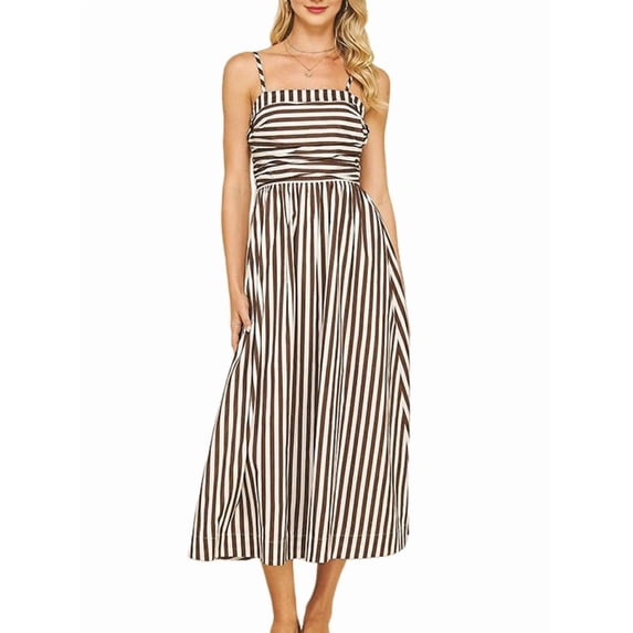 Summer Dresses for Women Beach Maxi Dress Spaghetti Strap Striped Boho A Line Wedding Guest Flowy Long Dress Brown M
