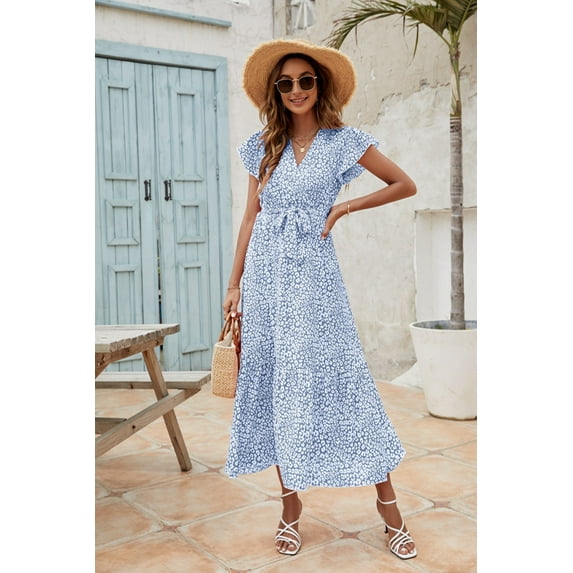 Summer Dresses for Women Belted Pleated Hem Short Sleeve Dress