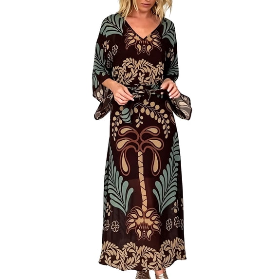 Summer Dresses for Women Bohemian V Neck Loose Dress Tropical Print Boho Batwing Sleeve Flowy Fit Belted Beach Vacation Dress