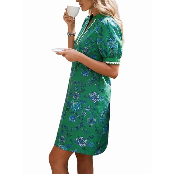 Summer Dresses for Women Boho Floral Puff Short Sleeve V Neck Trim Casual Mini Dress Sundress Deep Green L
