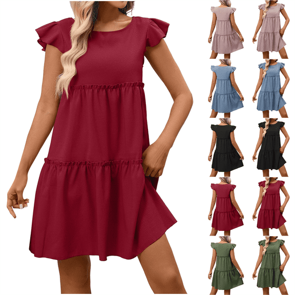 Summer Dresses for Women Boho Sleeveless Ruffles Flowy Dress Loose Sundress Solid Color Casual Beach Holiday Womens Mini Dress