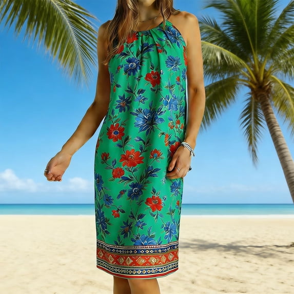 Summer Dresses for Women Boho Spaghetti Strap Crewneck Sleeveless Knee Length Sundresses Floral Beach Vacation Dress S-2XL
