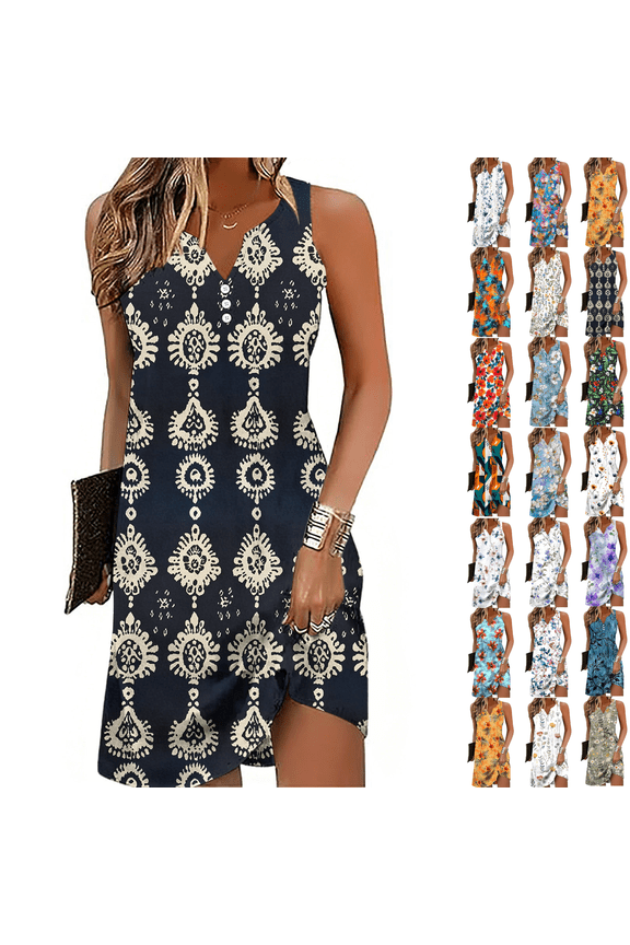 Summer Dresses for Women Boho V Neck Sleeveless Loose Bottons Sundress Retro Print Flowy Beach Vacation Dress S-2XL