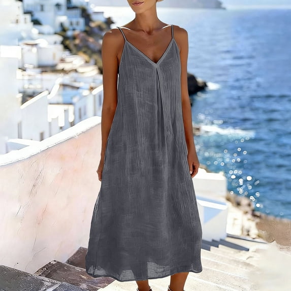 Summer Dresses for Women Casual Backless Spaghetti Strap V Neck Loose Flowy Beach Vacation Maxi Cotton Linen Dress,Sizes S-2XL