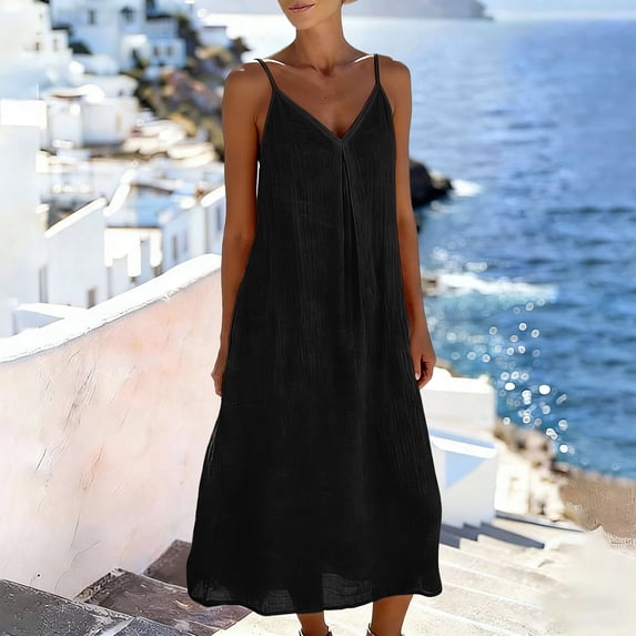 Summer Dresses for Women Casual Backless Spaghetti Strap V Neck Loose Flowy Beach Vacation Maxi Cotton Linen Dress,Sizes S-2XL
