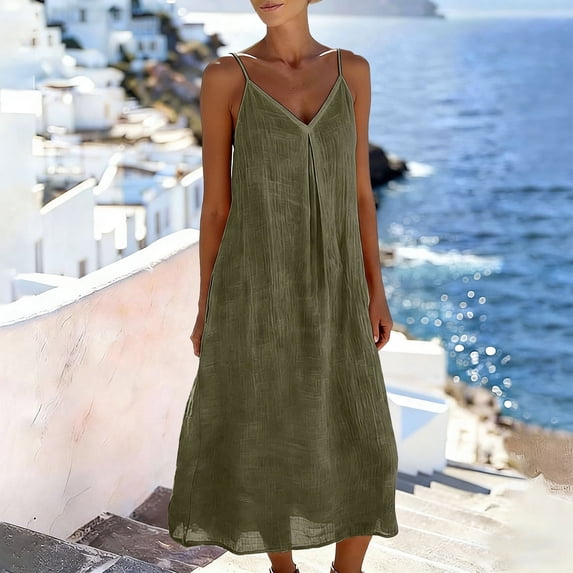 Summer Dresses for Women Casual Backless Spaghetti Strap V Neck Loose Flowy Beach Vacation Maxi Cotton Linen Dress,Sizes S-2XL