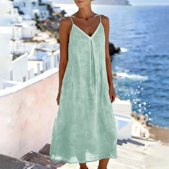Summer Dresses for Women Casual Backless Spaghetti Strap V Neck Loose Flowy Beach Vacation Maxi Cotton Linen Dress,Sizes S-2XL