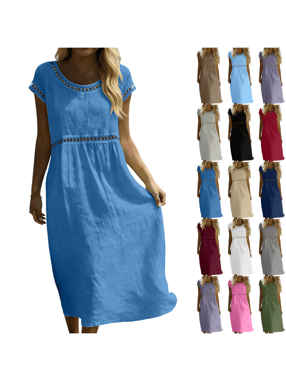 Summer Dresses for Women Casual Crewneck Short Sleeve Loose Hollow out Flowy Cotton Beach Vacation Midi Dress,Sizes S-2XL