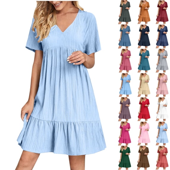 Summer Dresses for Women Casual Dresses V-Neck Short Sleeve Womens Dresses Mini Dress Plus Size Dresses, Light Blue-S