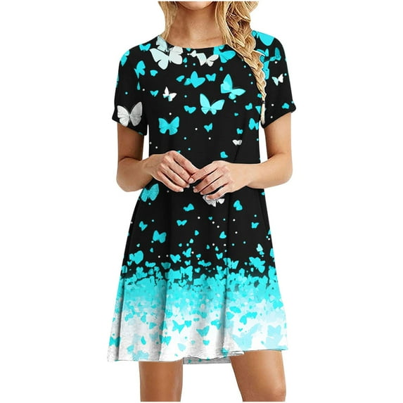 Summer Dresses for Women Casual Loose Fit Crew Neck Short Sleeve Butterfly Print Dress Flowy Vacation Beach Sundresses