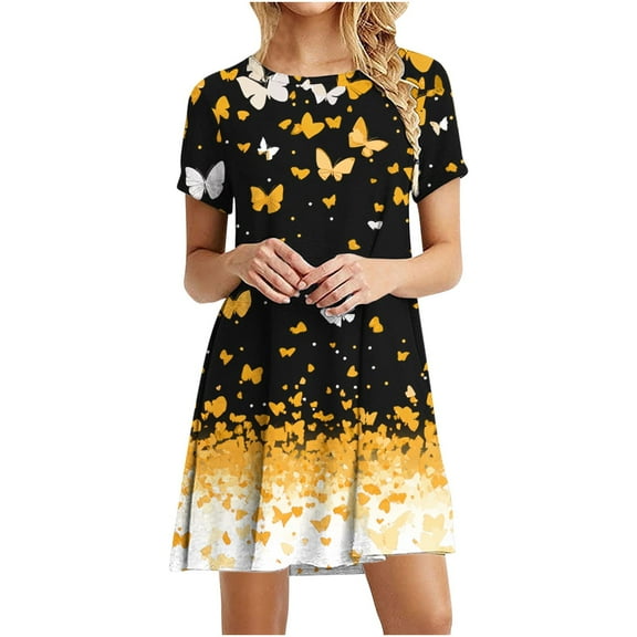 Summer Dresses for Women Casual Loose Fit Crew Neck Short Sleeve Butterfly Print Dress Flowy Vacation Beach Sundresses