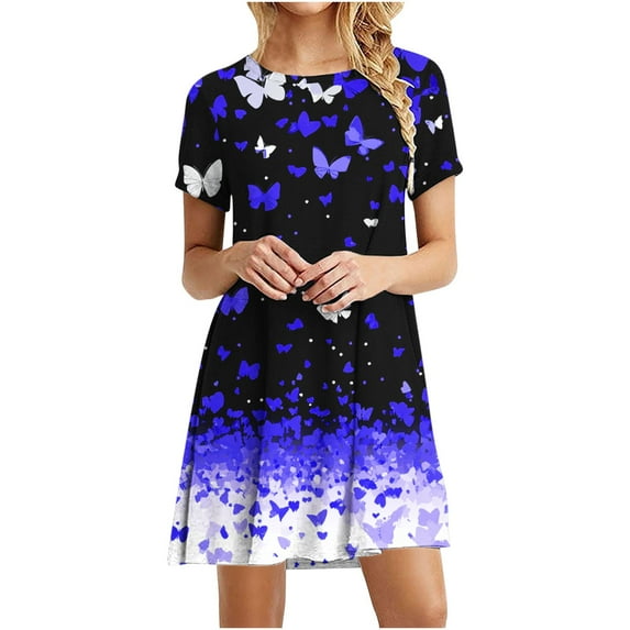 Summer Dresses for Women Casual Loose Fit Crew Neck Short Sleeve Butterfly Print Dress Flowy Vacation Beach Sundresses