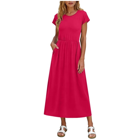 Summer Dresses for Women Casual Maxi Dress V Neck Short Sleeve Long Sundress with Pockets Beach Vacation Hot Pink