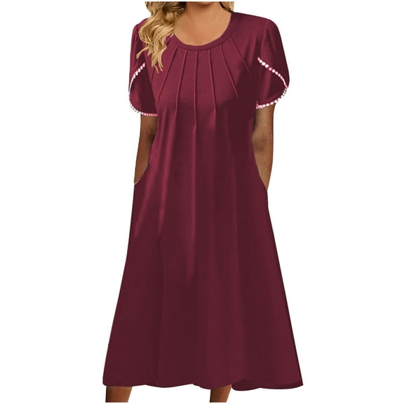 Summer Dresses for Women Casual Short Petal Sleeve Loose Ruched T Shirts Solid Color Long Dress with Pockets