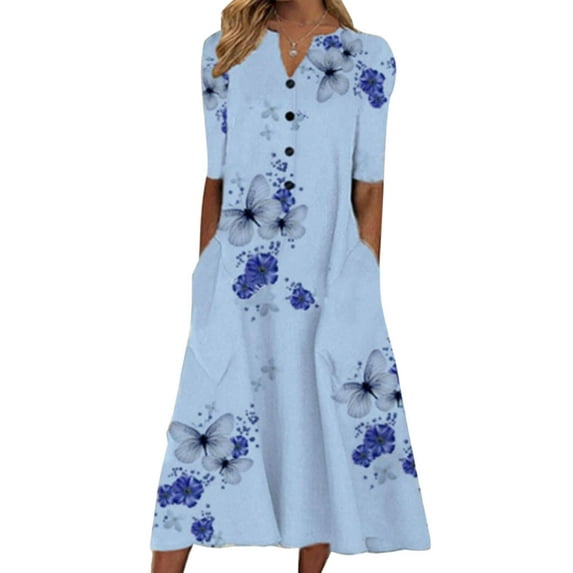 Summer Dresses for Women Casual Short Sleeve Button Down V Neck Maxi Dress Tropical Print Boho Sundresses Long Dress Alsol Lamesa