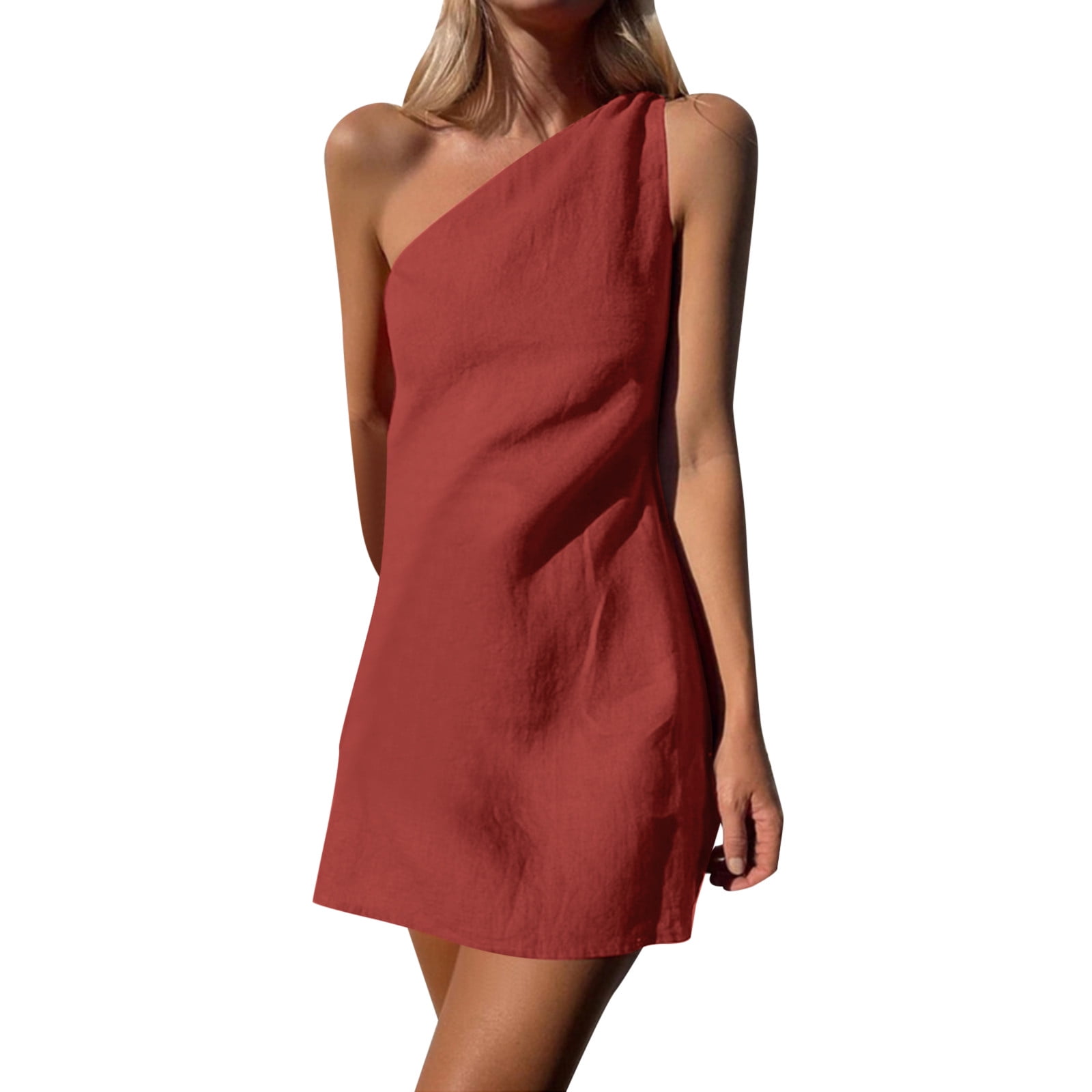 Summer Dresses for Women Casual Short Sleeve Linen Solid Color One Shoulder  Slim Temperament Dress - Walmart.com