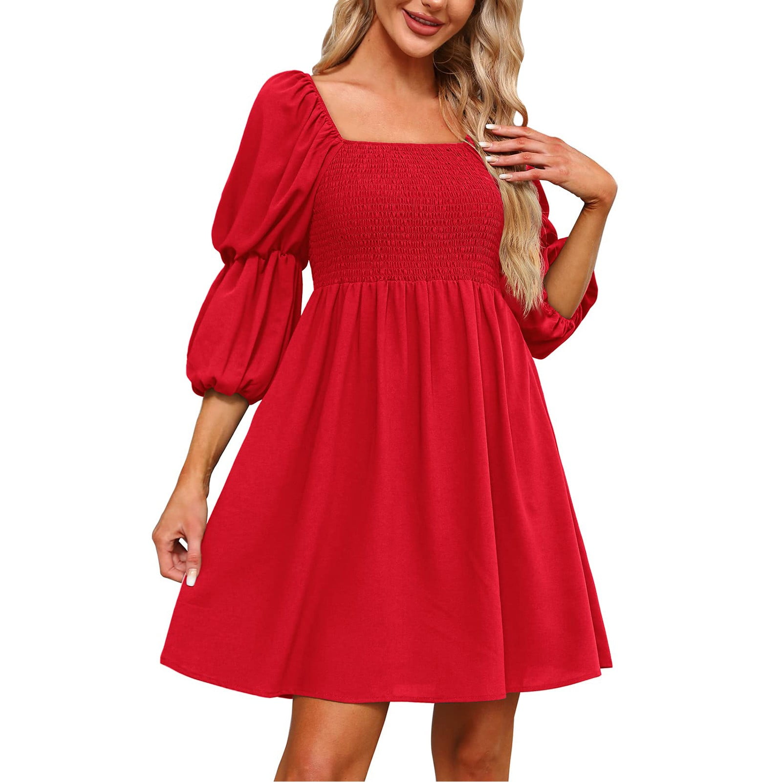 Womens Dresses Women's Fall Smocked Dress Square Neck Puff Sleeve