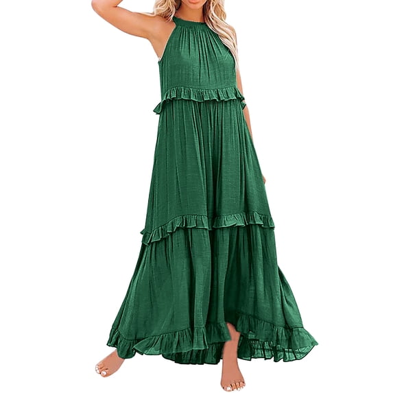 Summer Dresses for Women Casual Sleeveless Boho Long Solid Color Loose Halter Neck Ruffle Maxi Beach Dress