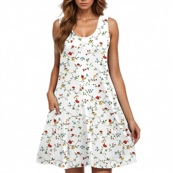 Summer Dresses for Women Casual Sleeveless Floral Print Sundress Beach Swing A-Line Dress Lightweight Tank Dress