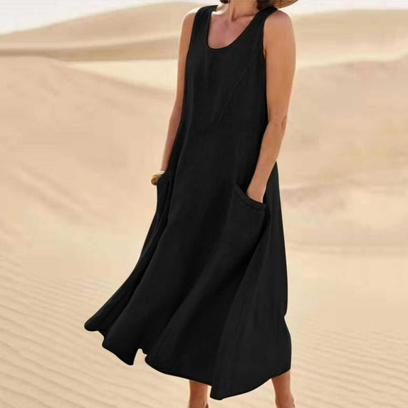 FAFWYP Summer Dresses for Women, Casual Sleeveless Long Maxi Sundresses Solid Color Round Neck Cotton Linen Dress Swing Tank Dress with Pockets on Clearance
