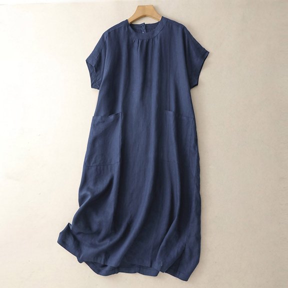 Summer Dresses for Women Casual Solid Color Crew Neck Mid-Length Dress Leisure Slim Fit Short Sleeve Sundress