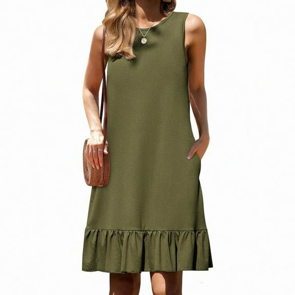 Summer Dresses for Women Casual Solid Color Crew Neck Mid-Length Dress Leisure Slim Fit Sleeveless Sundresses