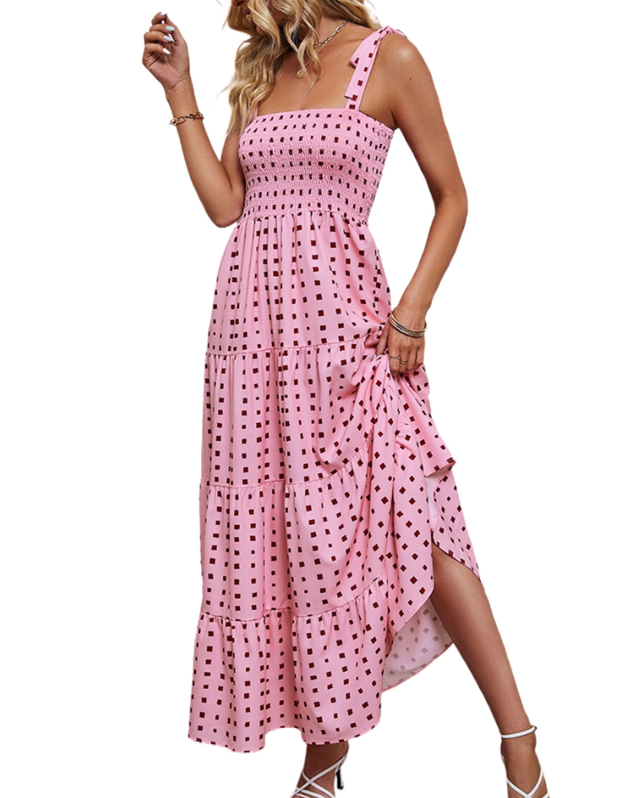 Summer Dresses for Women Casual Square Neck Sleeveless Boho Tie Strap ...