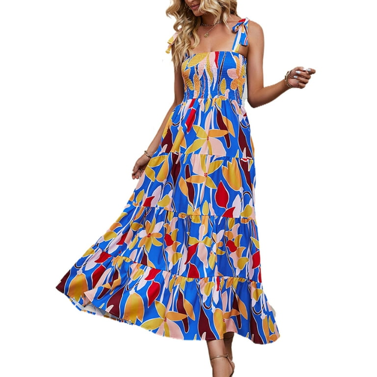 Summer Dresses for Women Casual Square Neck Sleeveless Boho Tie