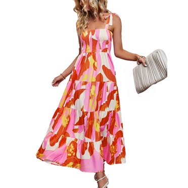 REIOASUD Women's Pink Cami Bloom Dress - Floral Print Boho Sundress With High Waist