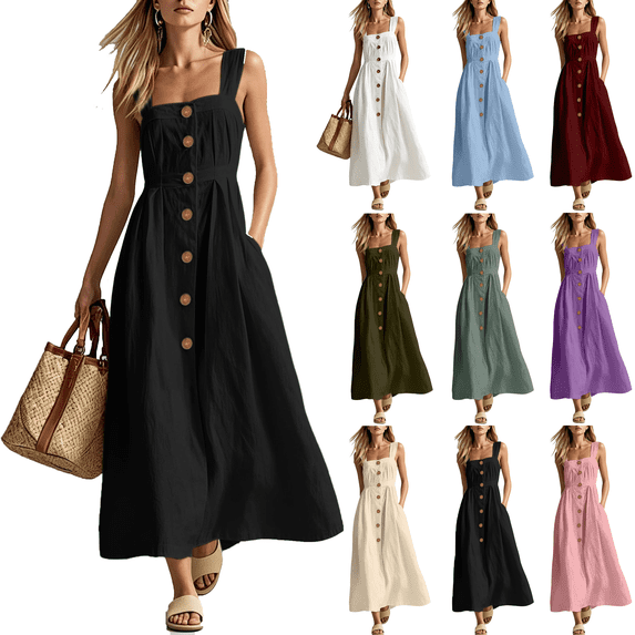 Summer Dresses for Women Casual Square Neck Sleeveless Smocked Maxi Sundress Party Wedding Guest Cotton Linen Dress,Sizes S-3XL