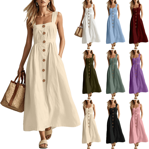 Summer Dresses for Women Casual Square Neck Sleeveless Smocked Maxi Sundress Party Wedding Guest Cotton Linen Dress,Sizes S-3XL