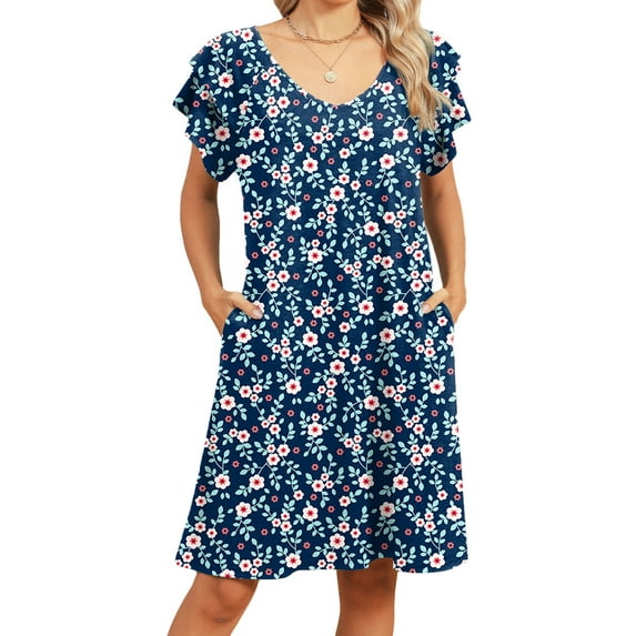 Summer Dresses for Women Casual V Neck Short Sleeve Boho Floral Printed Beach Wear Daily Party Midi Dress Alsol Lamesa