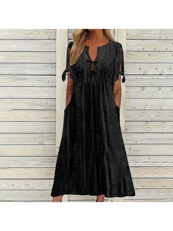 Summer Dresses for Women Casual V Neck Short Sleeve Loose Solid Color Flowy Beach Vacation Maxi Dress,Sizes S-3XL