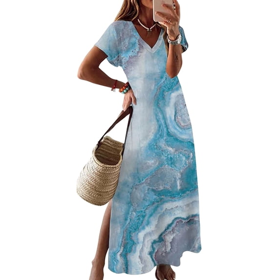 Summer Dresses for Women Casual V Neck Short Sleeve Plus Size Boho Floral Printed Beach Wear Daily Party Midi Dress 3XL Alsol Lamesa