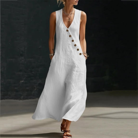 Summer Dresses for Women Casual V Neck Sleeveless Loose Tunic Maxi Dress Boho Floral Print Beach Vacation Flowy Sundress