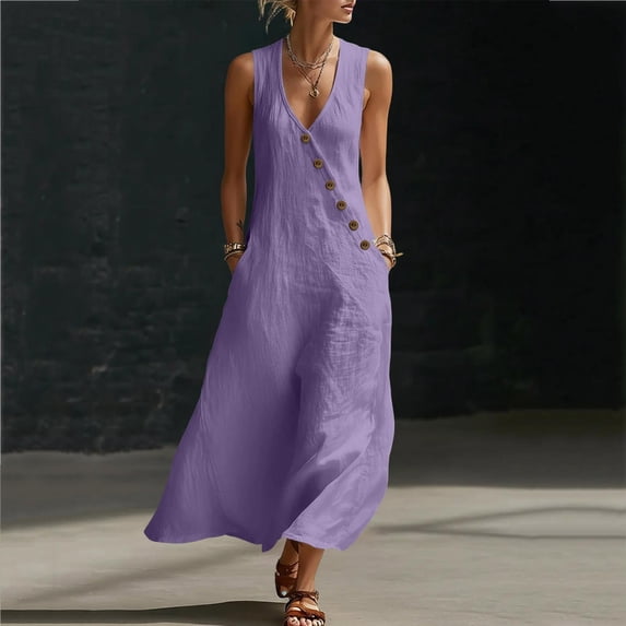 Summer Dresses for Women Casual V Neck Sleeveless Loose Tunic Maxi Dress Boho Floral Print Beach Vacation Flowy Sundress