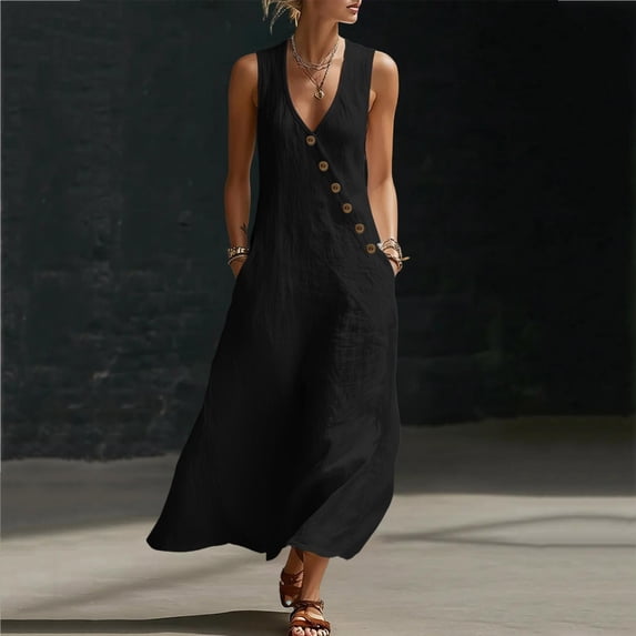 Summer Dresses for Women Casual V Neck Sleeveless Loose Tunic Maxi Dress Boho Floral Print Beach Vacation Flowy Sundress