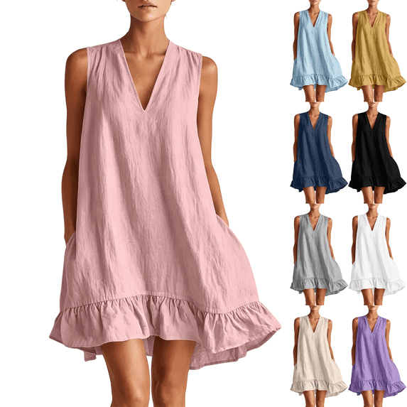 Summer Dresses for Women Casual V Neck Sleeveless Mini Sundress with Pockets Loose Swing Beach Vacation Cotton Linen Dress,Sizes S-2XL