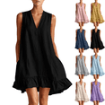 thumbnail image 1 of Summer Dresses for Women Casual V Neck Sleeveless Mini Sundress with Pockets Loose Swing Beach Vacation Cotton Linen Dress,Sizes S-2XL, 1 of 8