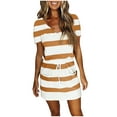 thumbnail image 1 of Summer Dresses for Women Casual, Women Casual Mini Dress Striped Short Sleeve Dress V Neck Color Block Blouse Dress with Drawstring Belt, 1 of 6