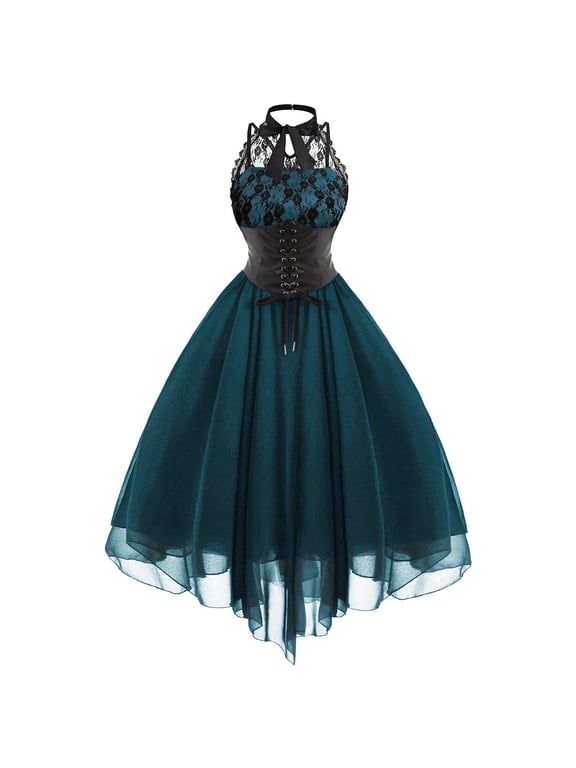 Beach Dresses for Women Casual Summer, Women's Sleeveless Gothic Dress with Corset Halter Lace Swing Cocktail Dress Formal Punk Hippie Dresses