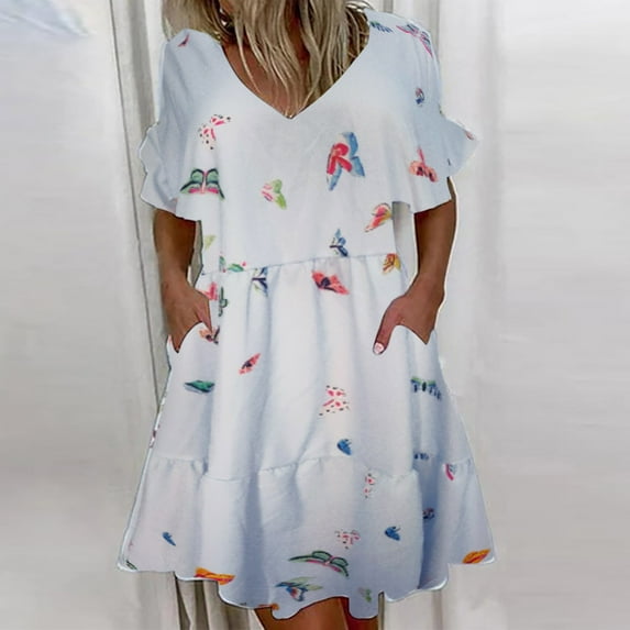 Summer Dresses for Women Casual Fashion V-Neck Short Sleeve Summer Solid Color Pocket Dress