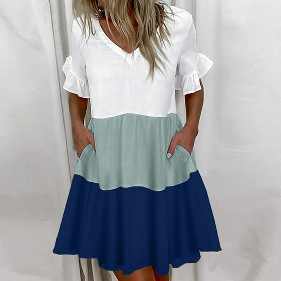Summer Dresses for Women Casual Fashion V-Neck Short Sleeve Summer Solid Color Pocket Dress