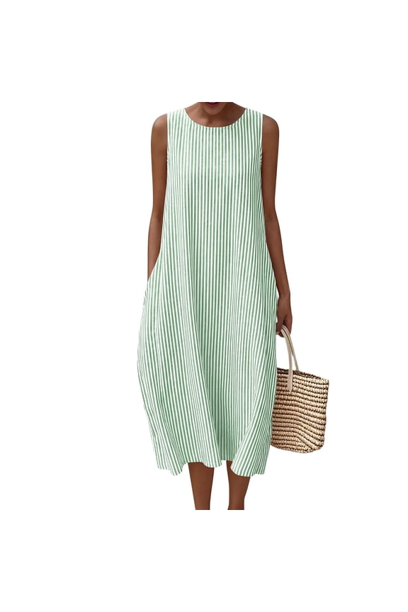 Summer Dresses for Women Cotton Casual Maxi Dress Beach Vacation Long Sundresses Plaid Striped with Pockets, 2XL